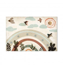 Tablou - Rainbow and Sun Above - Birds in Subdued Colors Flying Among Clouds Above a Rainbow and Various Plants on a Lig
