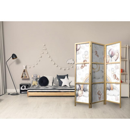 Japanese Room Divider - Plush Bears with Balloons - Flying Light-Brown Bears Among Balloons - Clouds - and Rainbows in S