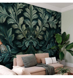Carta da parati - Dark Green Victorian Leaves: Botanical Carved Composition