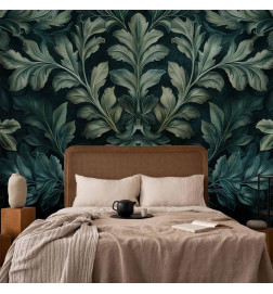 Papier peint - Dark Green Victorian Leaves: Botanical Carved Composition