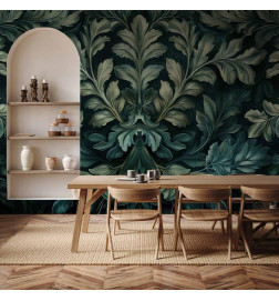 Fotomural - Dark Green Victorian Leaves: Botanical Carved Composition