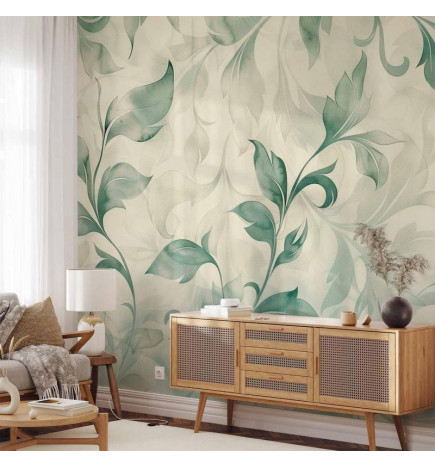Wall Mural - Watercolor Botanical Motif Delicate Green-Beige Leaves