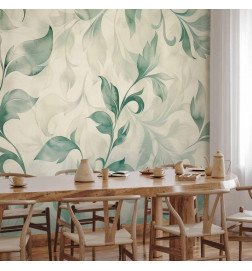 Fototapeet - Watercolor Botanical Motif Delicate Green-Beige Leaves