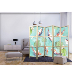 Paravan japonez - Spectacular Fish - White-Orange Koi Fish Swimming in Crystal Clear Water with Water Lilies