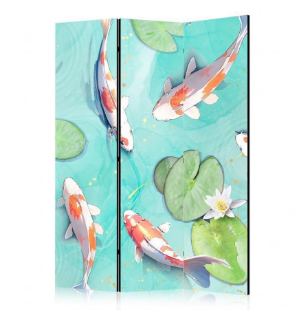 Paravento - Spectacular Fish - White-Orange Koi Fish Swimming in Crystal Clear Water with Water Lilies