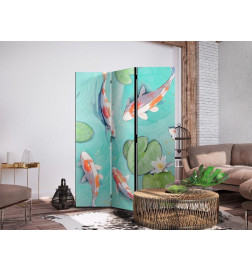 Paravento - Spectacular Fish - White-Orange Koi Fish Swimming in Crystal Clear Water with Water Lilies