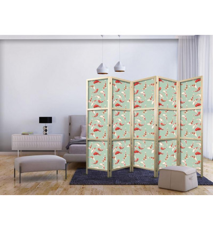 Biombo japonês - Fish and Japanese Pattern - Koi Fish in Orange-Cream Colors on a Green-Mint Background with an Oriental