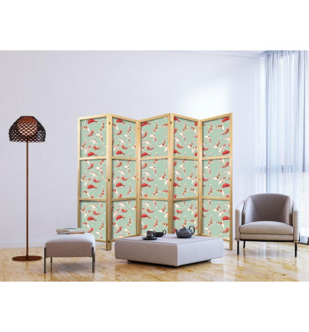 Japanischer Paravent - Fish and Japanese Pattern - Koi Fish in Orange-Cream Colors on a Green-Mint Background with an Or