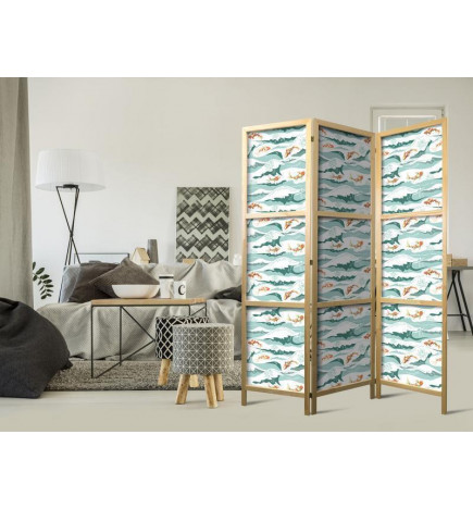 Paravent japonais - Fish Jumping Over Waves - Oriental Fish and Water Lilies Among High Waves in Shades of Sea Green