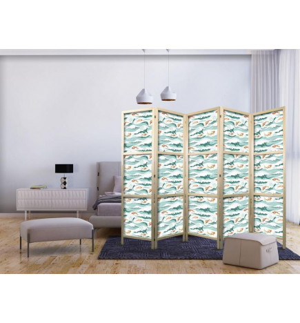 Japanilainen sermi - Fish Jumping Over Waves - Oriental Fish and Water Lilies Among High Waves in Shades of Sea Green