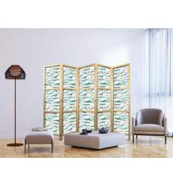 Japonska pregrada - Fish Jumping Over Waves - Oriental Fish and Water Lilies Among High Waves in Shades of Sea Green