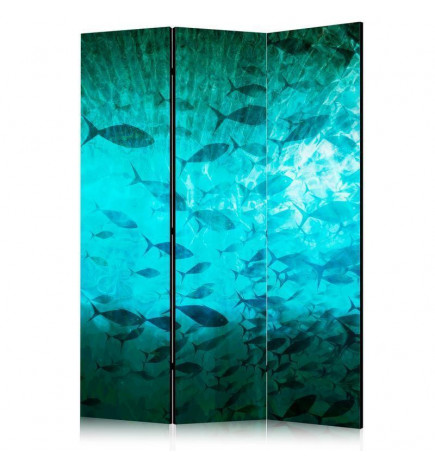 Room Divider - Underwater Paradise - Numerous Shoal of Fish in a Beautiful Turquoise-Blue Depth Illuminated by Sunlight