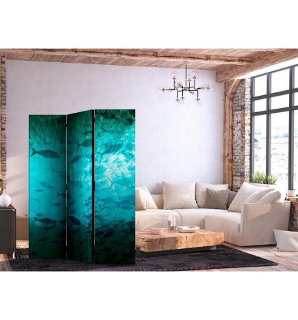Room Divider - Underwater Paradise - Numerous Shoal of Fish in a Beautiful Turquoise-Blue Depth Illuminated by Sunlight