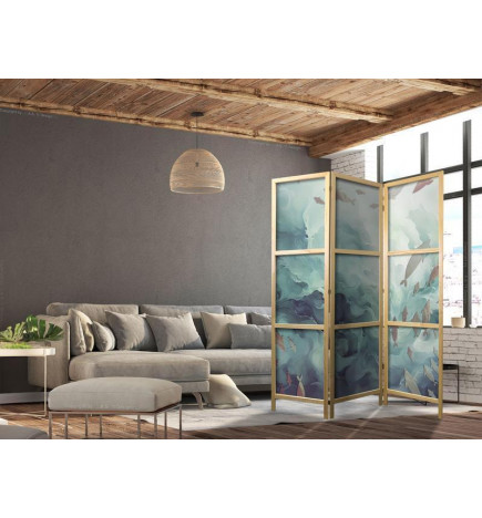 Japanese Room Divider - Three Schools of Fish - Fish in Muted Colors Swimming in Groups in Oceanic Depths