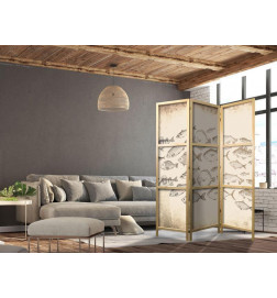 Biombo japonês - Sketch of a School of Fish - Sketches of Various Species of Fish Swimming in a School on a Beige Backgr