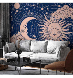 Fototapet - Cosmic Harmony - Illustration of the Sun and Moon on a Navy Background