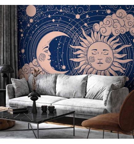 Fotobehang - Cosmic Harmony - Illustration of the Sun and Moon on a Navy Background