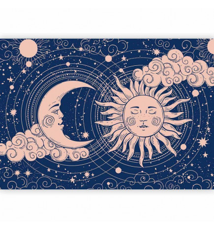 Carta da parati - Cosmic Harmony - Illustration of the Sun and Moon on a Navy Background