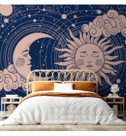 Mural de parede - Cosmic Harmony - Illustration of the Sun and Moon on a Navy Background