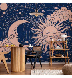 Wall Mural - Cosmic Harmony - Illustration of the Sun and Moon on a Navy Background