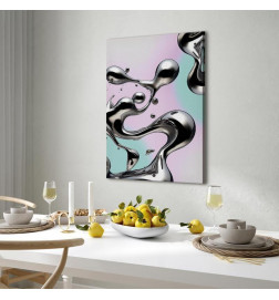 Schilderij - Metallic Fluidity - Abstract Silver Forms on a Mint-Purple Background