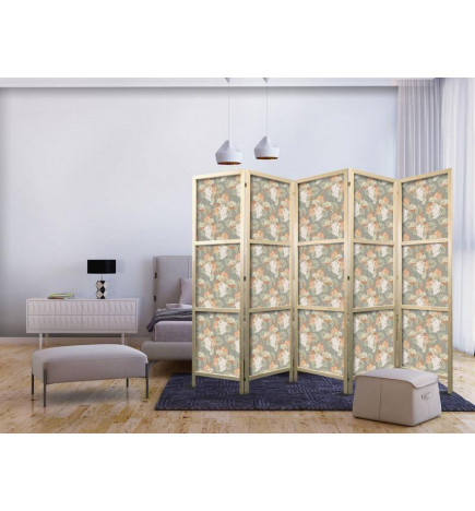Paravan japonez - Little Bouquets - Exotic Flowers and Leaves on a Gray-Green Background