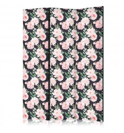 Room Divider - Peonies - Pink Flowers and Green Leaves on a Graphite Background