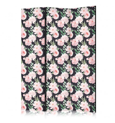 Paravent - Peonies - Pink Flowers and Green Leaves on a Graphite Background