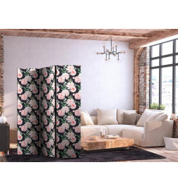 Vouwscherm - Peonies - Pink Flowers and Green Leaves on a Graphite Background