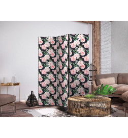 Biombo - Peonies - Pink Flowers and Green Leaves on a Graphite Background