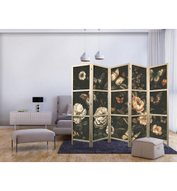 Japanese Room Divider - Mysterious Garden - Butterflies Flying Over Flowers - Rustic Evening