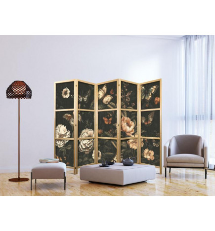 Japanese Room Divider - Mysterious Garden - Butterflies Flying Over Flowers - Rustic Evening