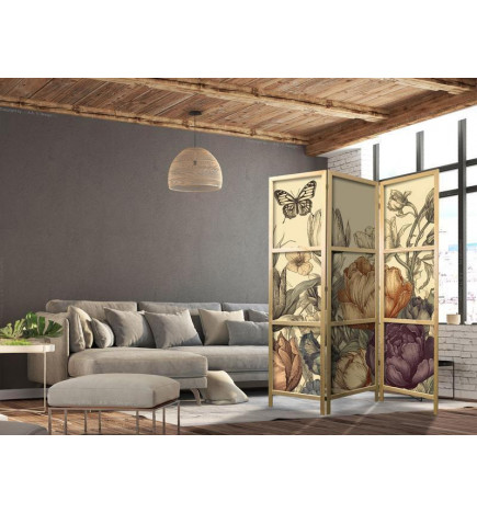 Japanilainen sermi - Tulips in Cream - Illustration of Flowers and Butterflies on a Light Background