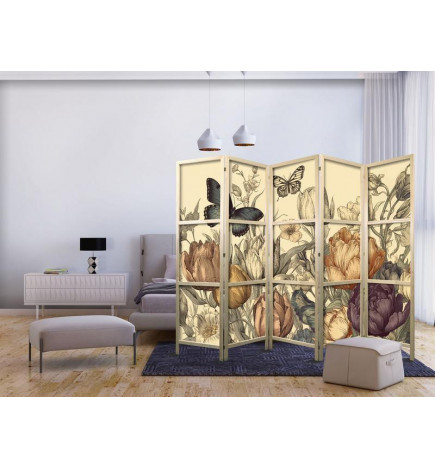 Paravan japonez - Tulips in Cream - Illustration of Flowers and Butterflies on a Light Background