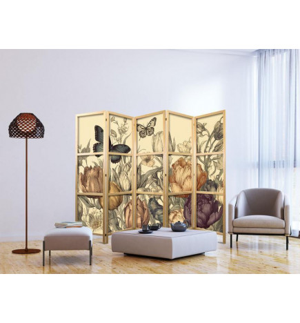 Japanese Room Divider - Tulips in Cream - Illustration of Flowers and Butterflies on a Light Background