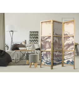 Japonska pregrada - Turbulent Ocean - High Waves in Brown and Navy on a Beige Background in Vintage Style