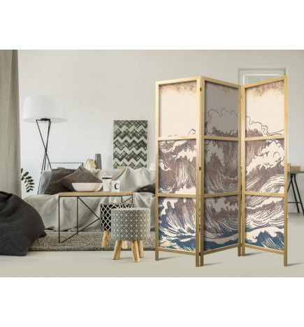 Japanese Room Divider - Turbulent Ocean - High Waves in Brown and Navy on a Beige Background in Vintage Style
