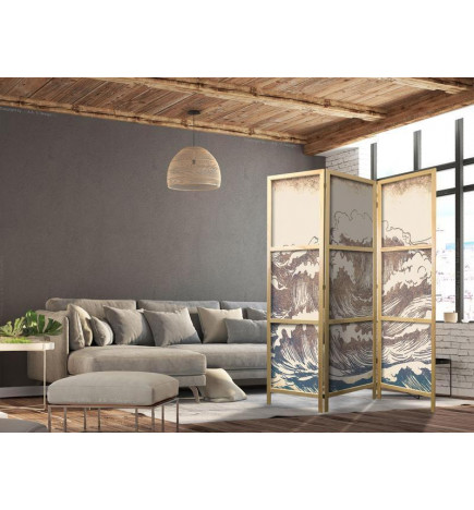 Japoniška kambario pertvara - Turbulent Ocean - High Waves in Brown and Navy on a Beige Background in Vintage Style