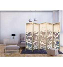 Japonska pregrada - Turbulent Ocean - High Waves in Brown And Navy Colors on a Beige Background in Vintage Style