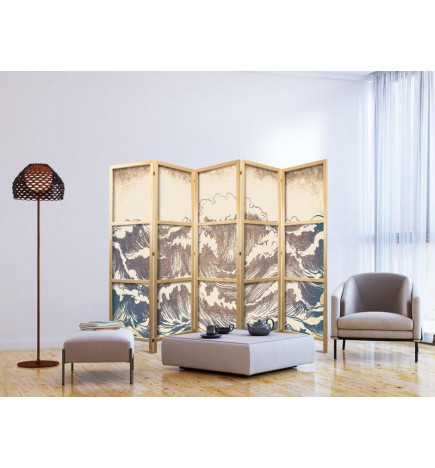 Paravento giapponese - Turbulent Ocean - High Waves in Brown And Navy Colors on a Beige Background in Vintage Style