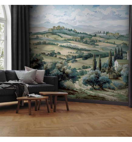 Fototapetti - Landscape with Green Fields and Trees Tuscan Sunny View
