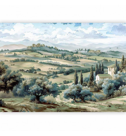 Fototapetti - Landscape with Green Fields and Trees Tuscan Sunny View