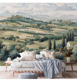 Fototapetas - Landscape with Green Fields and Trees Tuscan Sunny View