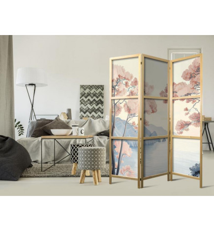 Japanese Room Divider - Landscape with the Ocean - Cliffs - and Trees in Delicate Pink Shades