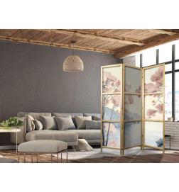 Paravento giapponese - Landscape with the Ocean - Cliffs - and Trees in Delicate Pink Shades