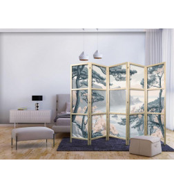 Japanese Room Divider - Mountainous Coastline with Trees and Rocks in Light Pastel Blues