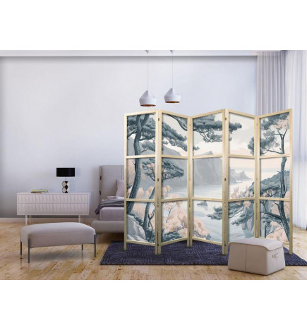 Paravan japonez - Mountainous Coastline with Trees and Rocks in Light Pastel Blues