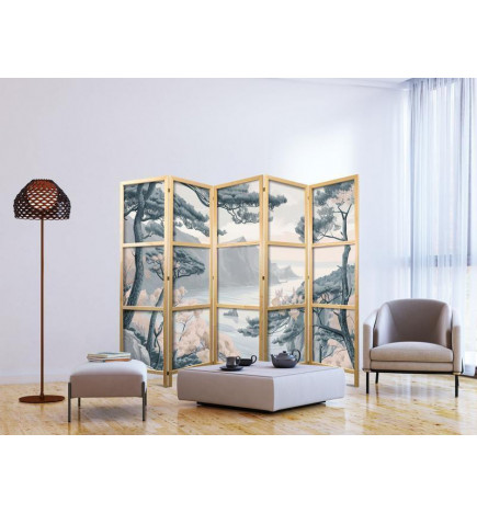 Paravan japonez - Mountainous Coastline with Trees and Rocks in Light Pastel Blues