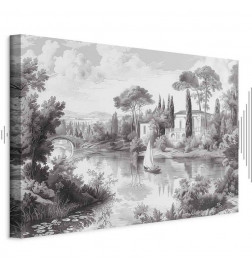 Leinwandbild - Black and White Vintage Landscape Retro View of a Pond with a Boat