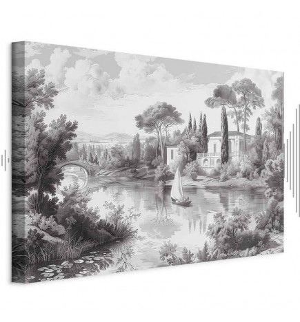 Canvas Print - Black and White Vintage Landscape Retro View of a Pond with a Boat